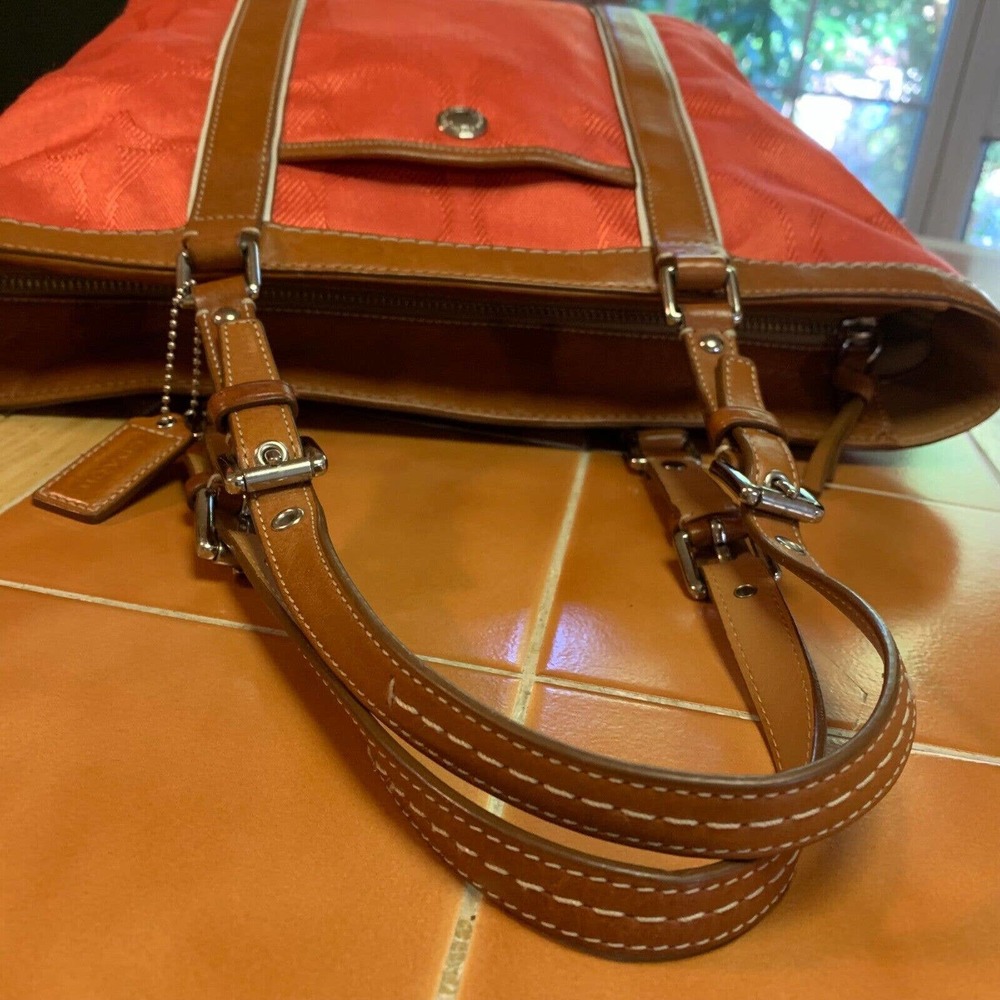 SOLD! COACH Coral Signature Canvas Zip Top Tote w/Brown Leather Trim F13560 - Picture 6 of 12